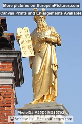 Gold Moses Statue on top of Town Hall, Brugge