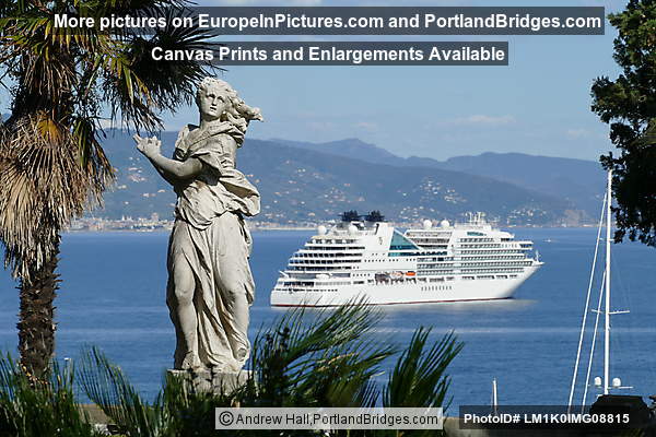 Cruise ship in harbor, statue, Santa Margherita Ligure