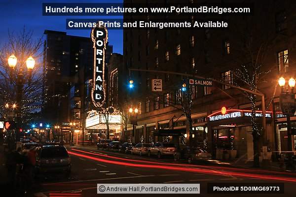 Portland Sign, Arlene Schnitzer Concert Hall, Car Light Streaks, Dusk