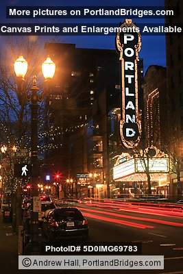 Portland Sign, Arlene Schnitzer Concert Hall, Car Light Streaks, Dusk