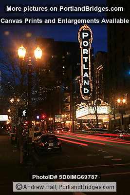Portland Sign, Arlene Schnitzer Concert Hall, Car Light Streaks, Dusk