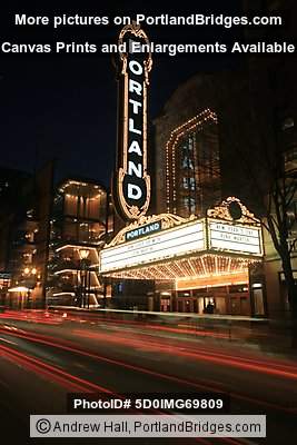 Portland Sign, Arlene Schnitzer Concert Hall, Car Light Streaks, Dusk