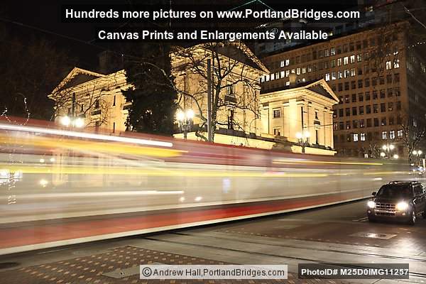 Portland Pioneer Courthouse, MAX Train, Night