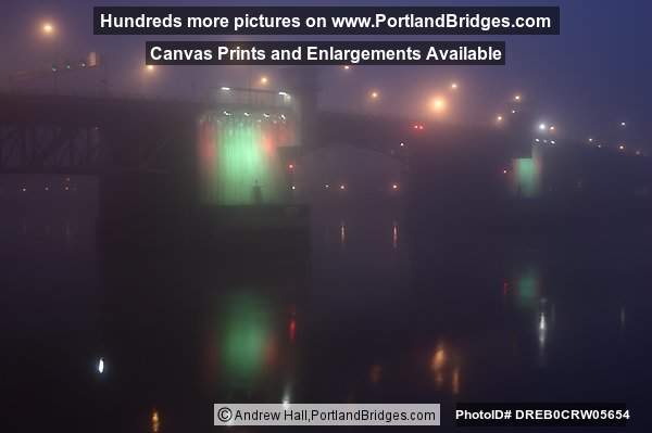 Morrison Bridge at Daybreak, Foggy, Lit Up (Portland, Oregon)