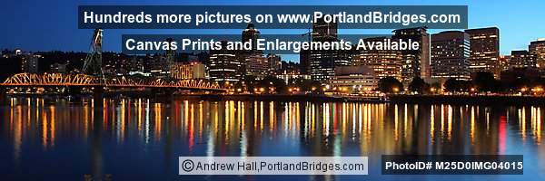 Portland Cityscape Panorama, Hawthorne Bridge, Dusk