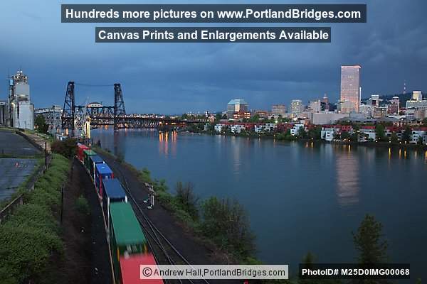 Freight Train, Portland Riverfront Between Broadway and Steel Bridges, Dusk