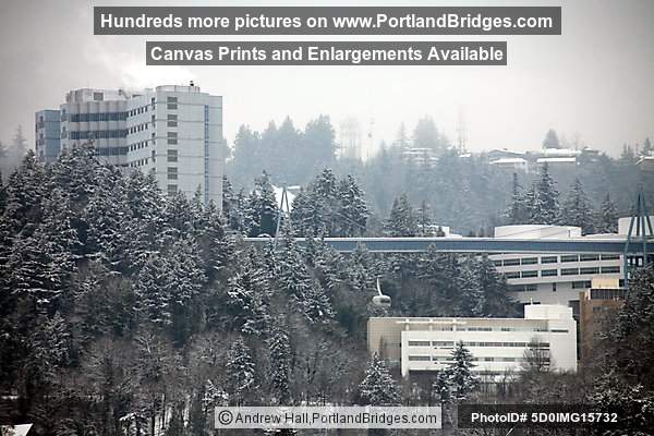 OHSU in the snow; Veteran's Hospital; Aerial Tram, West Hills (Portland, Oregon)